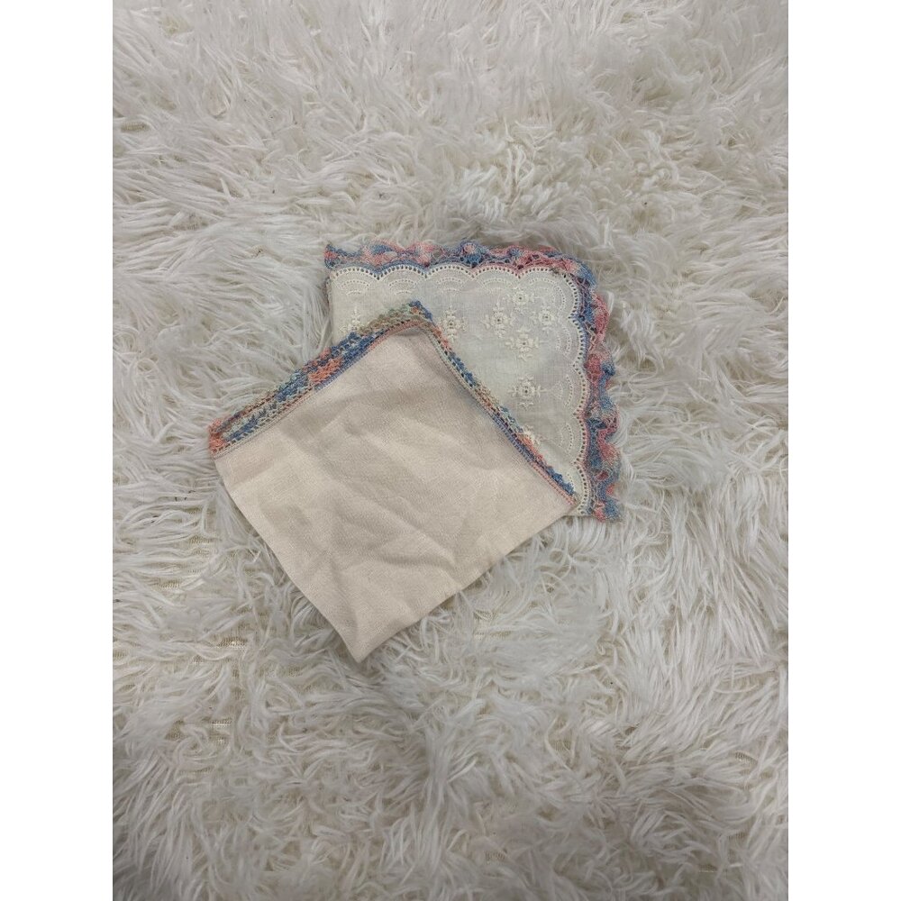 Vintage White Embroidered Handkerchiefs With Crocheted Edging Pink Blue